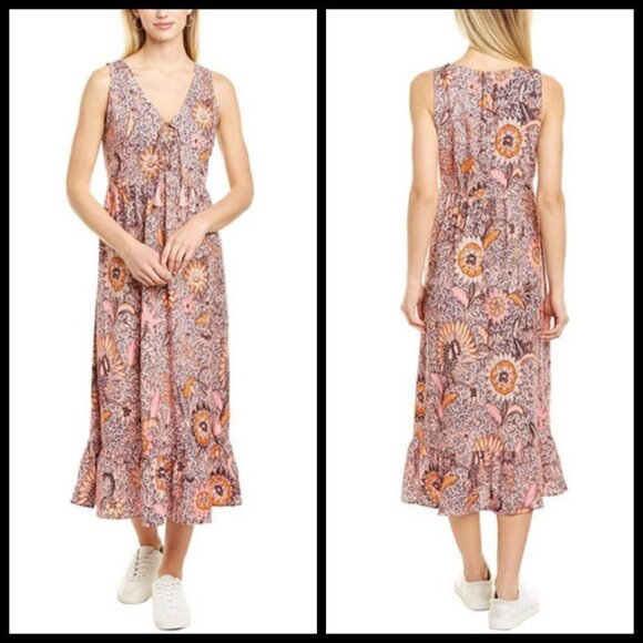 💕MADEWELL💕 Lace-Up Ruffle-Hem Midi Dress ~ Bali Blooms Print 10 (Regular Fit) - Picture 6 of 16